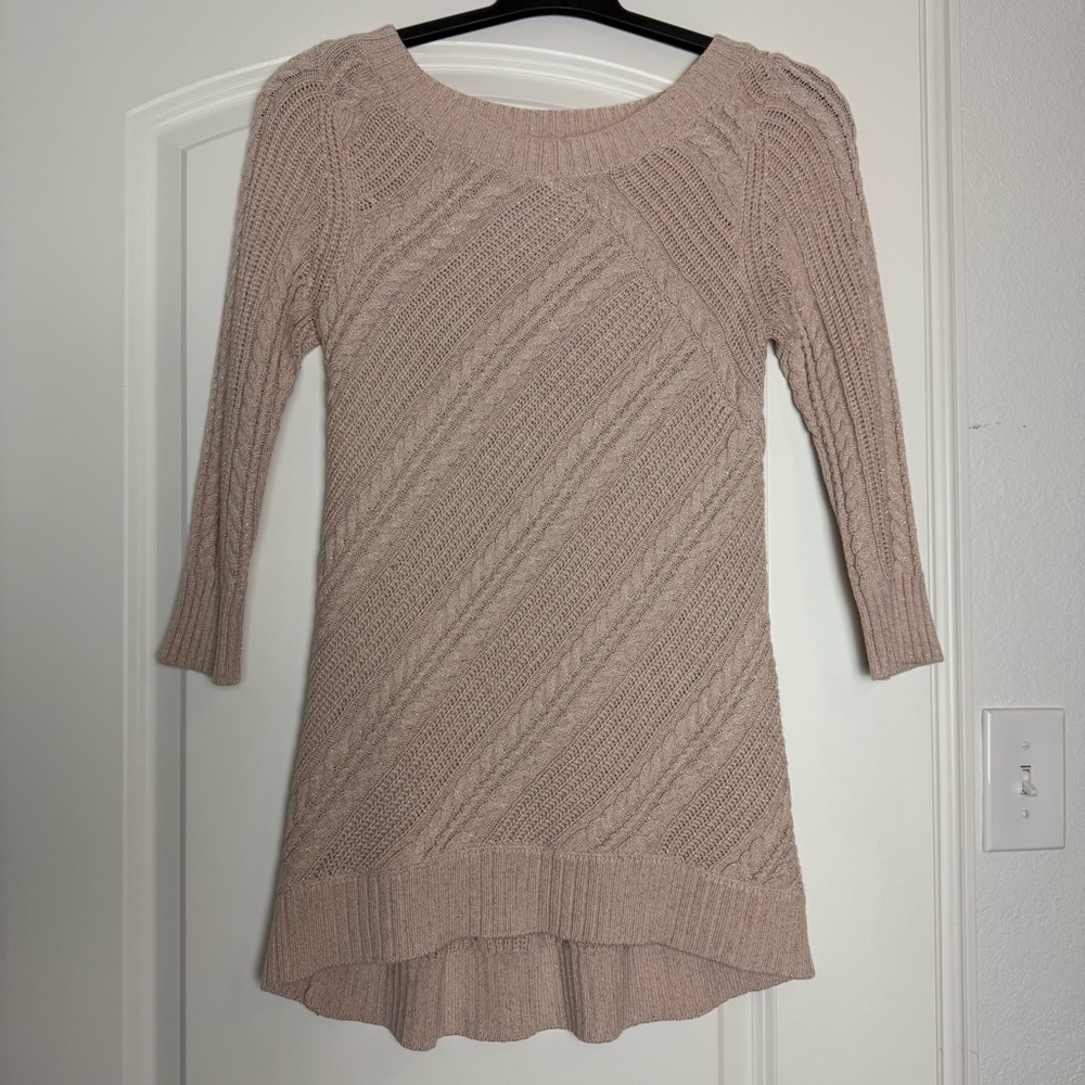 New York & Company Women Cable Knit Powder Blush Pink High Low Tunic Sweater S